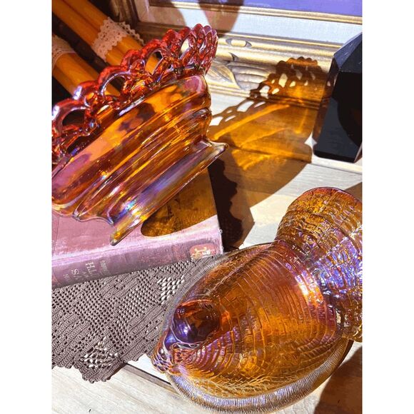 Large Marigold Carnival Glass Turkey on Nest Dish – Lace Edge Trinket Box – Moss - Picture 3 of 6